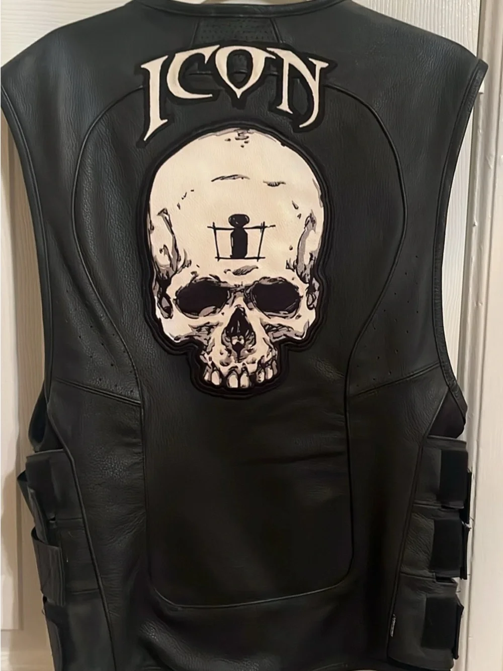 ICON Black Leather Motorcycle Vest with Embossed Logo